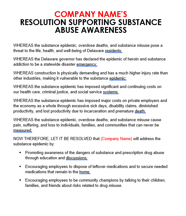 Construction Employer Resolution Supporting Substance Abuse Awareness